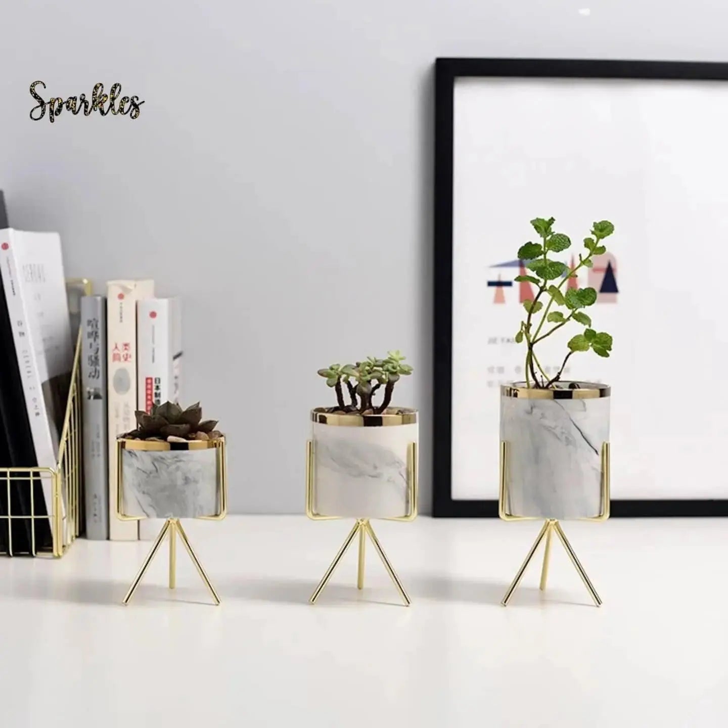 MODERN MARBLE CERAMIC POT PLANTER SPARKLES