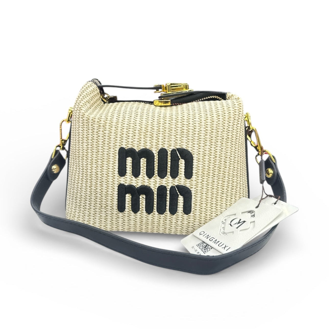 Min Min Woven Beige & Black Handbag 
