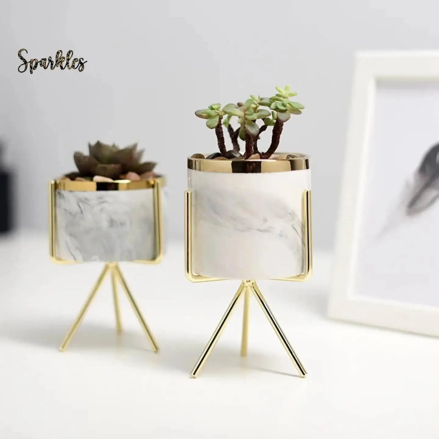 MODERN MARBLE CERAMIC POT PLANTER SPARKLES